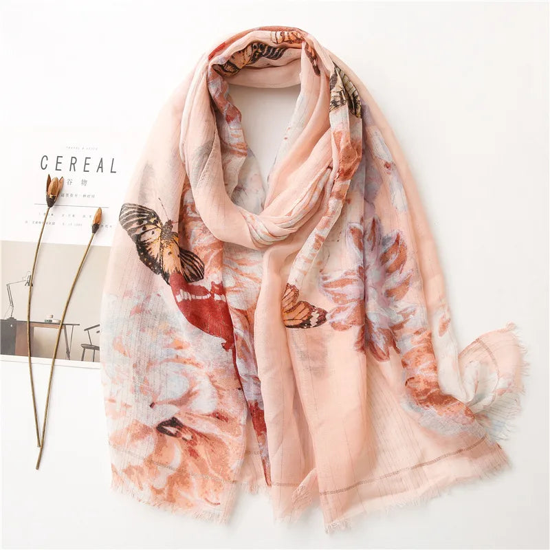 butterfly gold thread cotton linen scarf