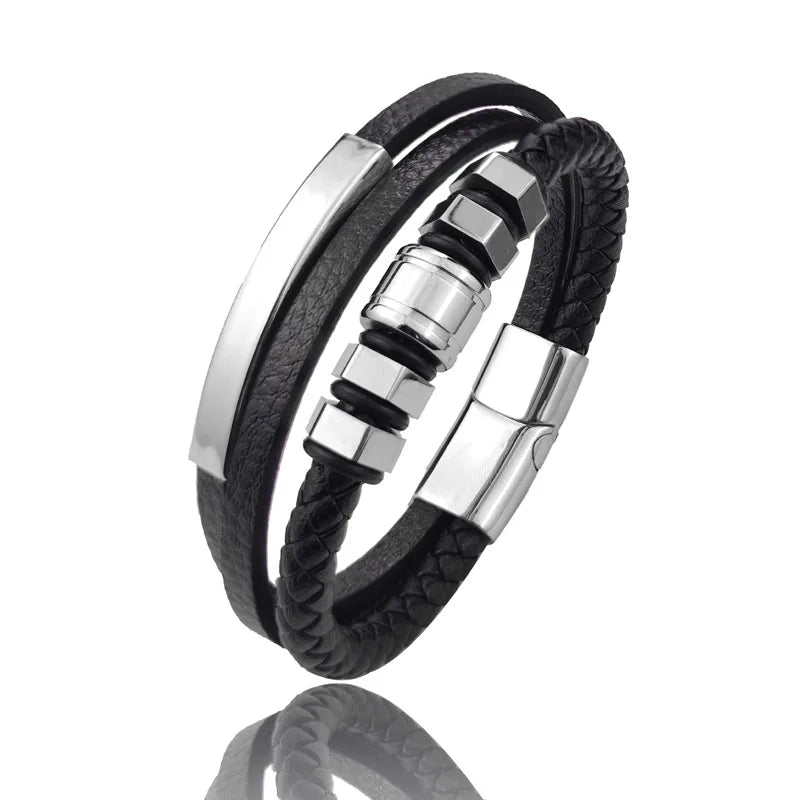 Retro Geometric 304 Stainless Steel Pu Leather Layered Unisex Bracelets Men Cord & Leather Bracelets