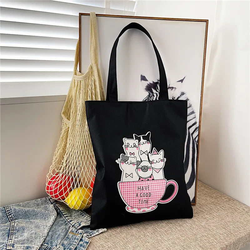 Women's Cute Basic Animal Letter Fruit Canvas Shopping bags