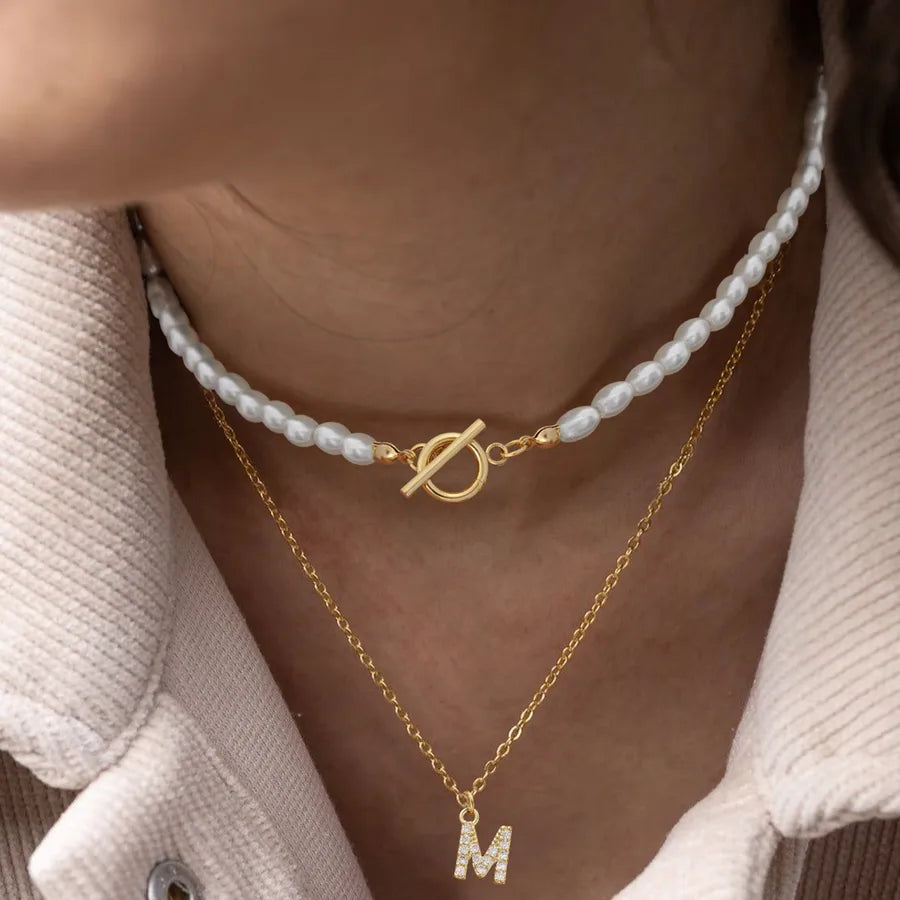Elegant Simple Style Classic Style Letter Zircon 201 Stainless Steel Artificial Pearl Copper Beaded Chain cable chain Beaded Necklaces Wholesale