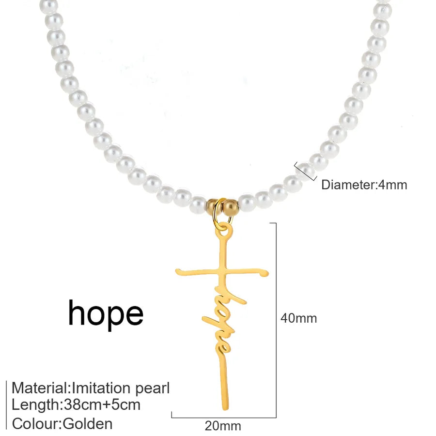Elegant Simple Style Cross Letter 304 Stainless Steel Imitation Pearl Beaded Chain Beaded Necklaces Wholesale