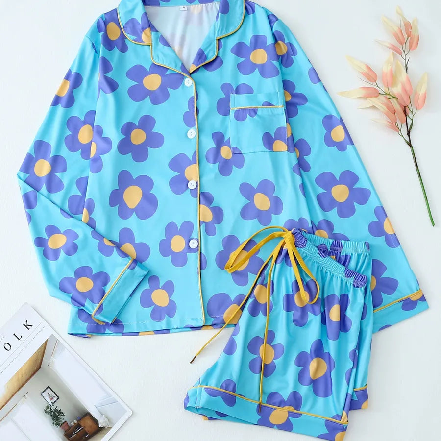 Home Women's Vacation Simple Style Flower Polyester Milk Fiber Shorts Sets Pajama Sets
