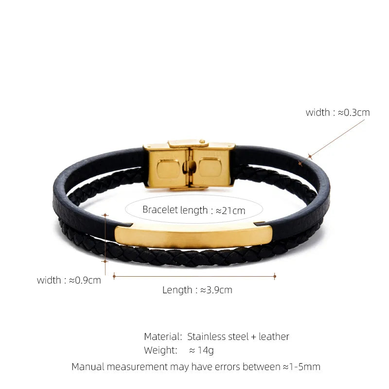 Retro Customization Laser Engraving Solid Color 304 Stainless Steel Pu Leather Braid Men's Bangle Men Cord & Leather Bracelets