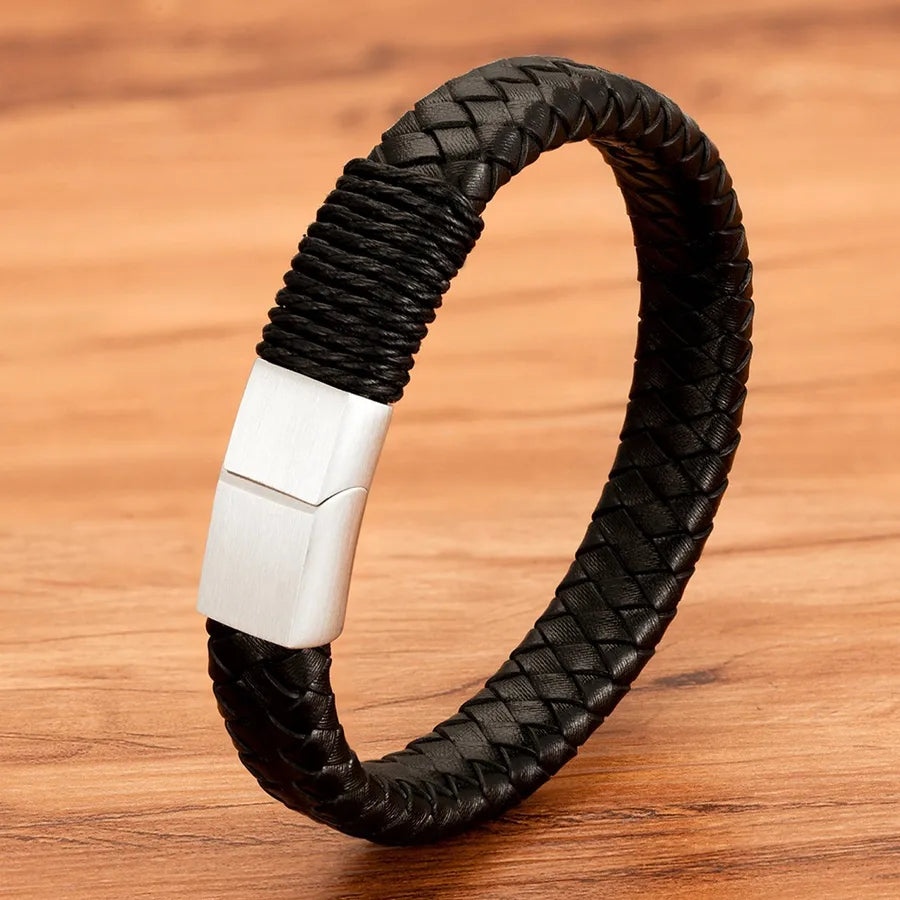 Streetwear Geometric 304 Stainless Steel Leather Plating Men's Bracelets Men Cord & Leather Bracelets