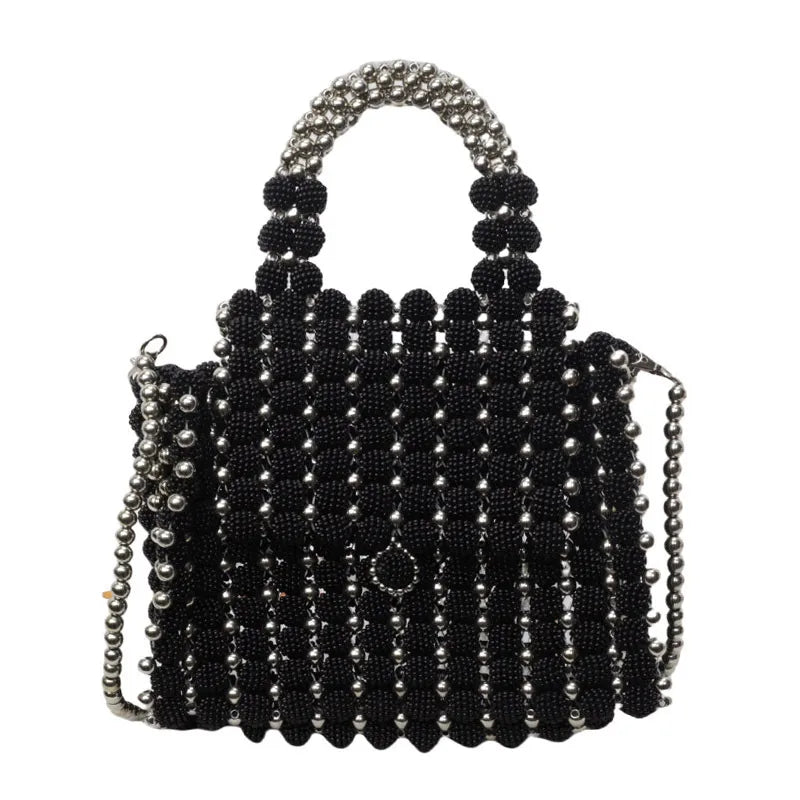 Black Arylic Solid Color Beading Weave Square Evening Bags