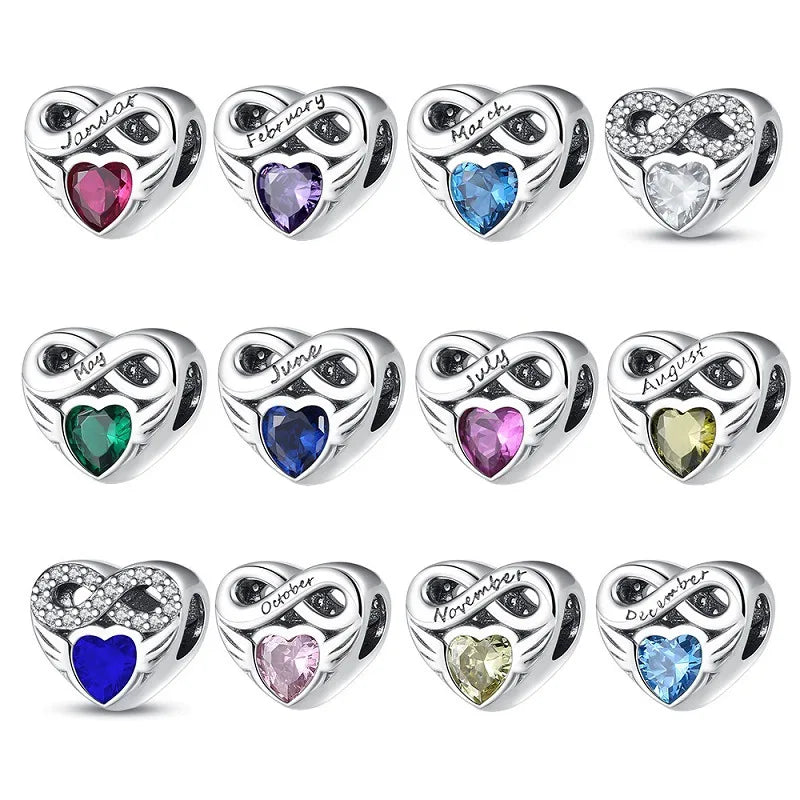 Cross-Border Hot Selling Love Heart Lucky Stone Silver Plated Beads Month Birthstone Beaded Diy Bracelet Necklace Accessory