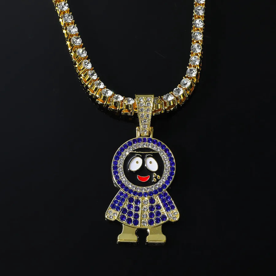 5mm Tennis Chain Tennis Chain   Blue Diamond Small Black Face Cartoon Full Diamond Hip Hop Necklace
