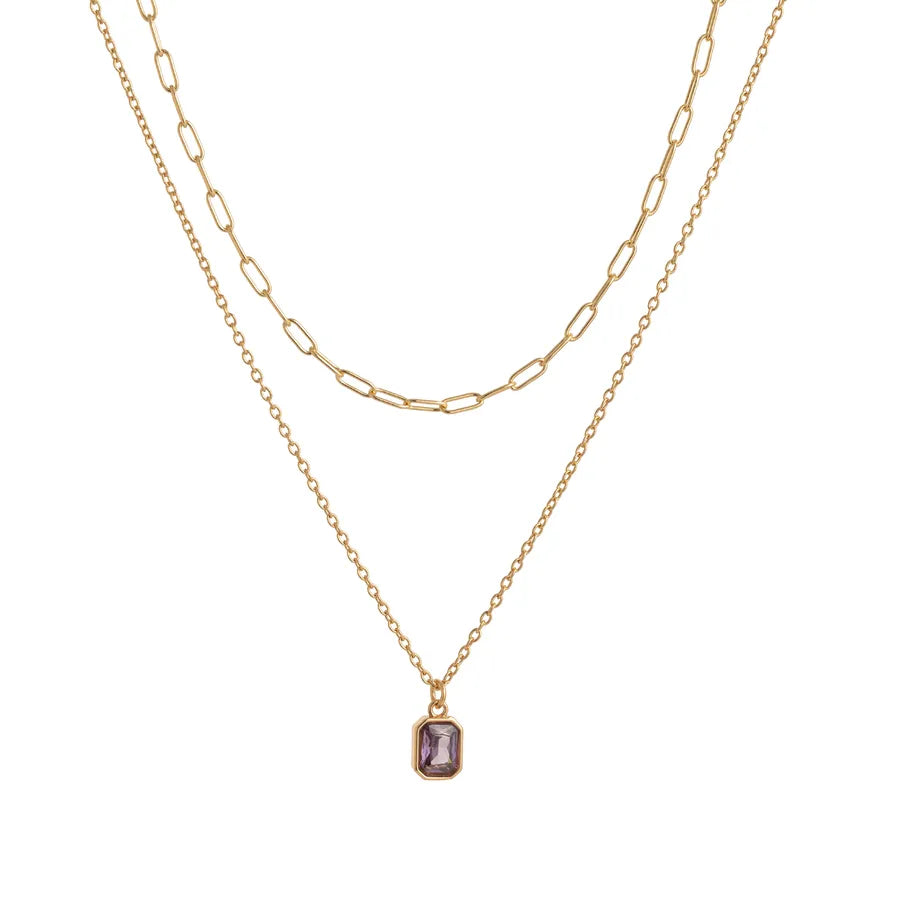 Wholesale Jewelry Lady Simple Style Shiny Rectangle 304 Stainless Steel Zircon 18K Gold Plated Paperclip Chain cable chain Double Layer Necklaces