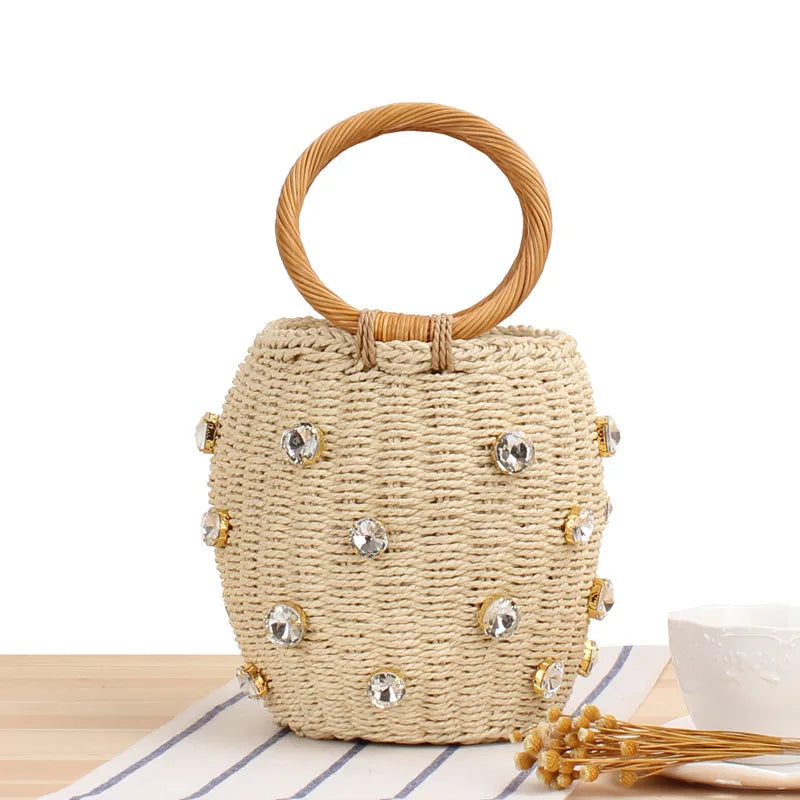 women's small spring&summer straw solid color vacation bucket string straw bag