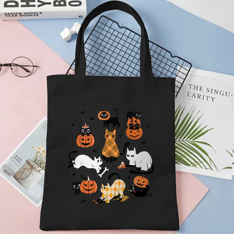 Cute Cat Halloween Party Bag Women Ghost Canvas Tote Bag Harajuku Fashion Shopping Bag Square Shape Large Size Retro Print