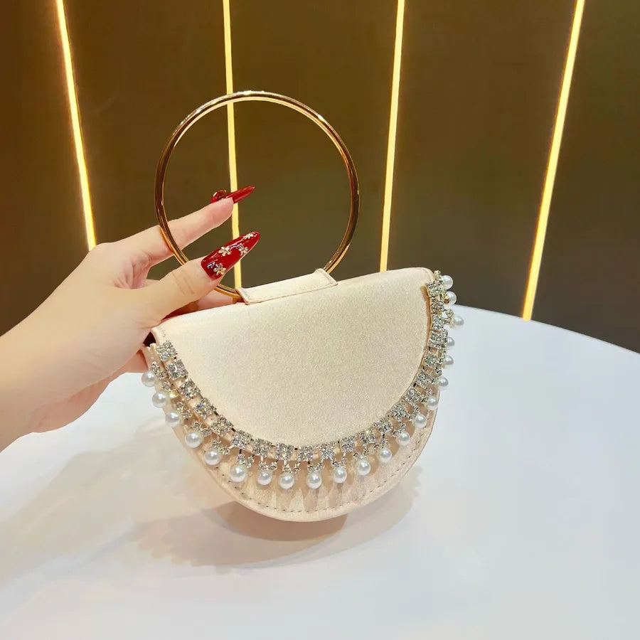 New Women's Round Ring Clutch Bag Rhinestone Evening Handbag Small Red Book Handbag Water Diamond Bags Fashion Elements