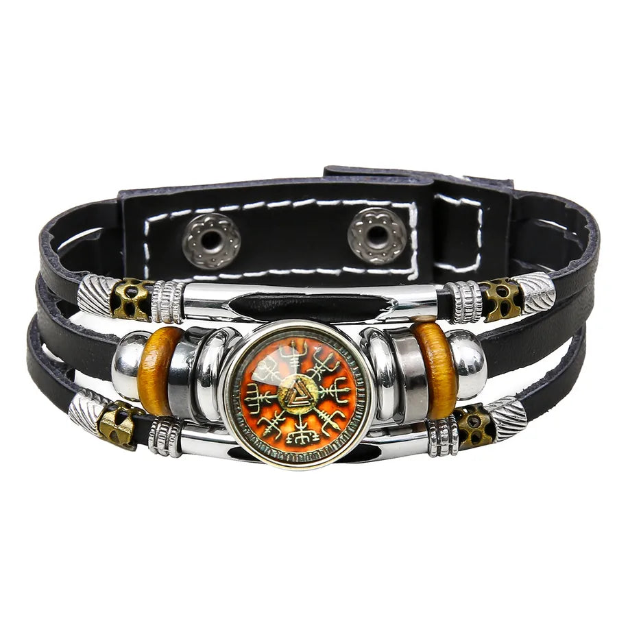 Hot Sale Viking Pirate Compass Pattern Leather Bracelet   Retro Multi-Layer Beaded Bracelet
