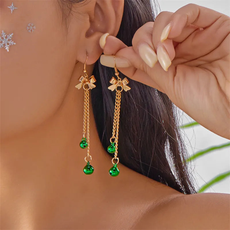 Fashionable Christmas Butterfly Knot Tassel Bell Earrings Elegant Versatile Alloy Iron And Copper Post Earrings
