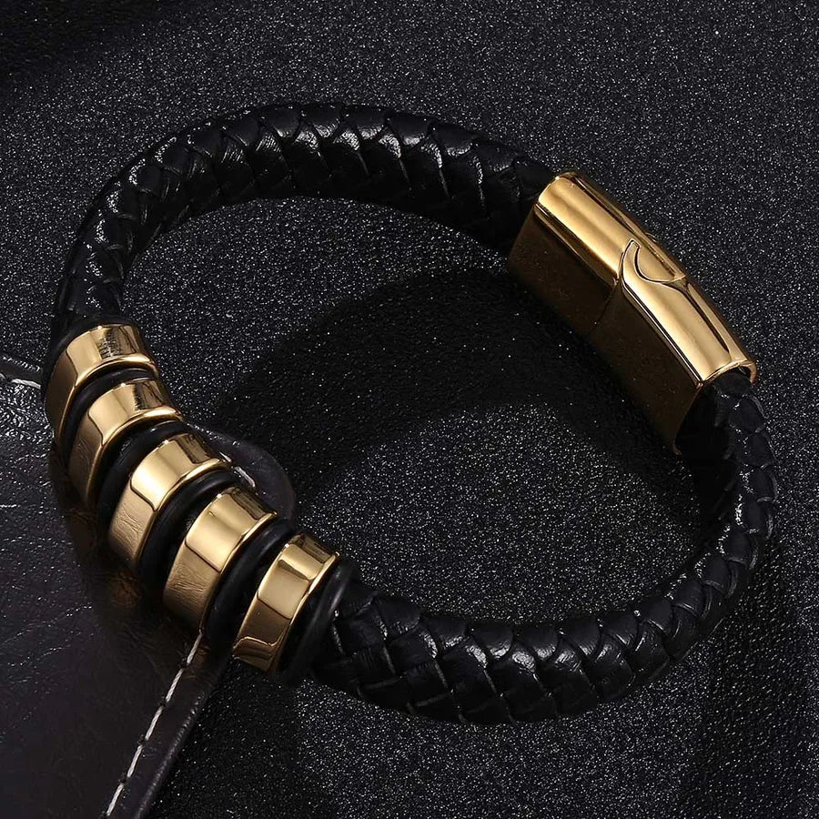 Leather rope bracelet men's stainless steel leather woven bracelet handmade metal leather bracelet jewelry