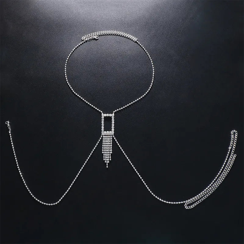 fashion geometric alloy plating rhinestones chest necklace body chain