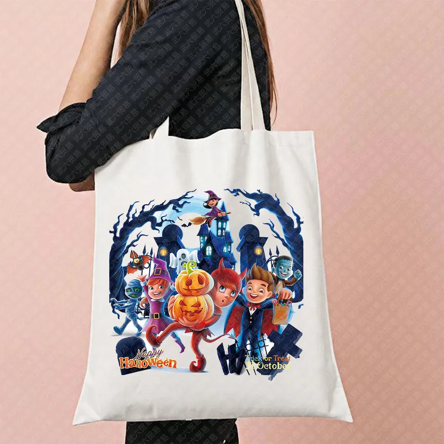 Scary Cat Halloween Pumpkin Pattern Canvas Tote Bag Reusable Shopping Bag Large Square Shape Double Shoulder Strap Tote Bag