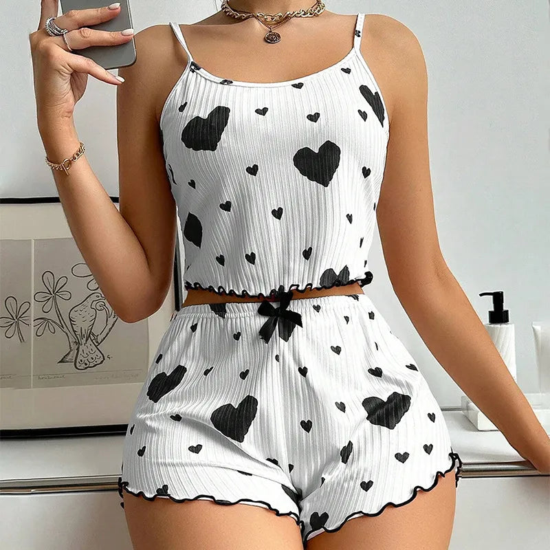Home Outdoor Women's Casual Elegant Lady Heart Shape Polyester Rib Fabrics Shorts Sets Pajama Sets