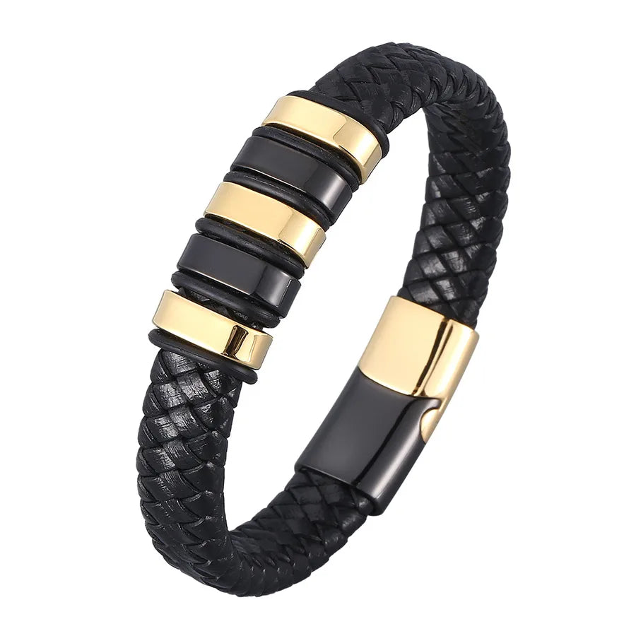 Leather rope bracelet men's stainless steel leather woven bracelet handmade metal leather bracelet jewelry