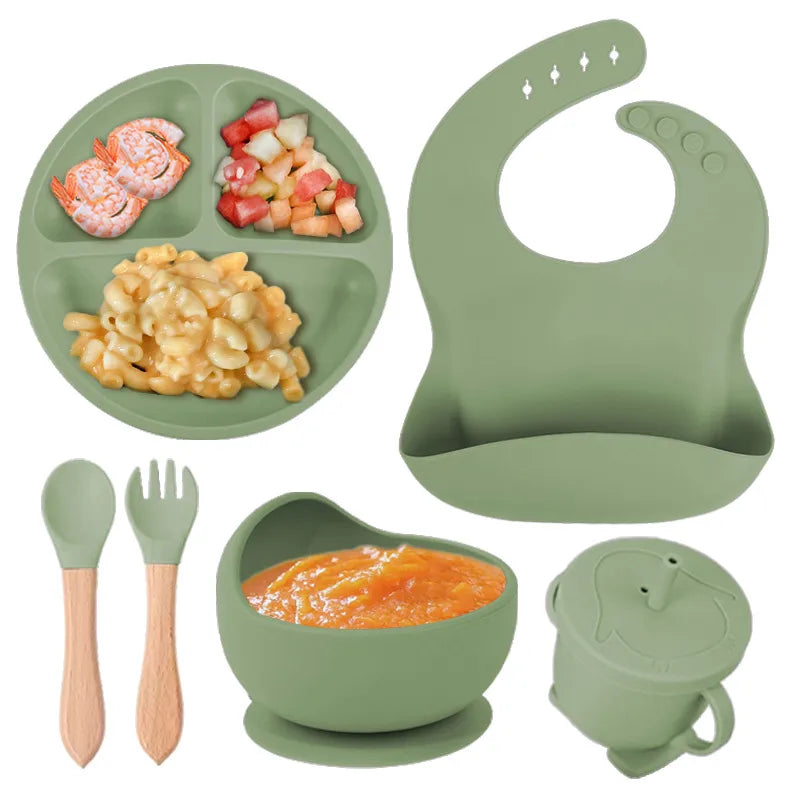 Baby silicone tableware suit baby learning to eat food supplement tableware self-eating sucker bowl integrated children's plate