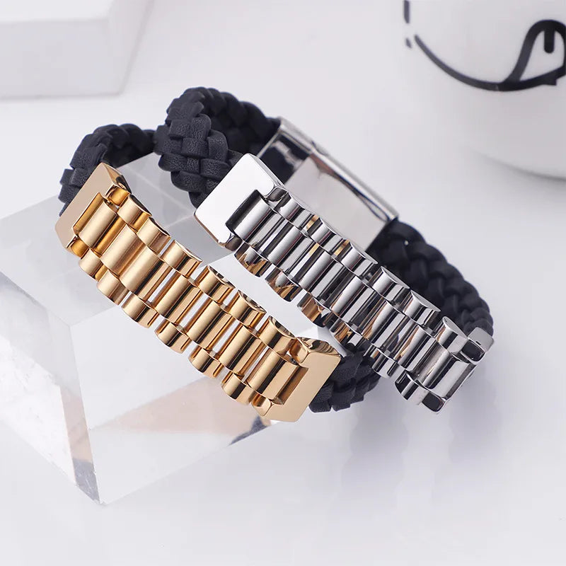 hip-hop punk geometric color block titanium steel plating braid men's bangle