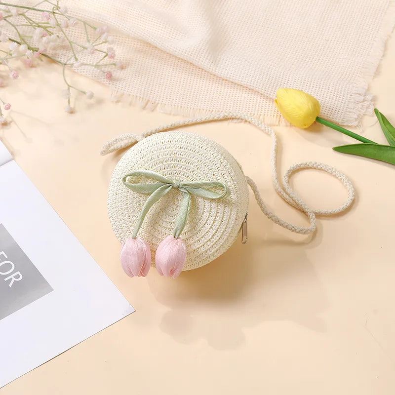 Summer Beach Seaside Tulip Straw Woven Bag  New Children Flower Straw Bag Mobile Phone Crossbody Bag