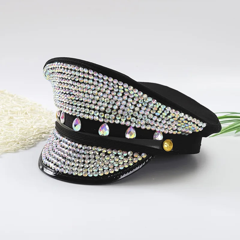 women's retro shiny solid color sequins rhinestone flat eaves ivy cap
