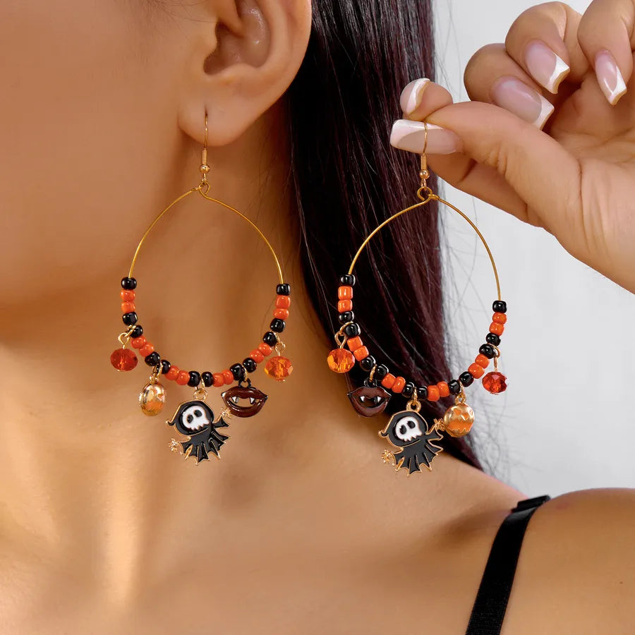 Cute Spooky Cat Ear Rings Halloween Party Ear Jewelry Design Women's Style Geometric Pattern Alloy Skull Pumpkin Earrings