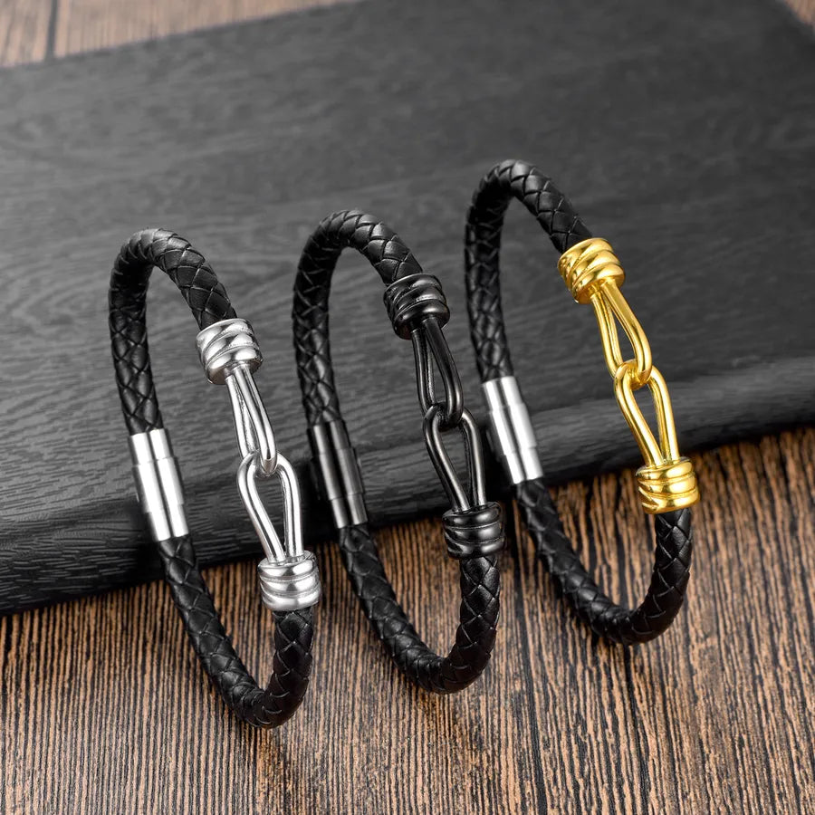 Basic Simple Style Classic Style Geometric 304 Stainless Steel Pu Leather Wholesale Bracelets