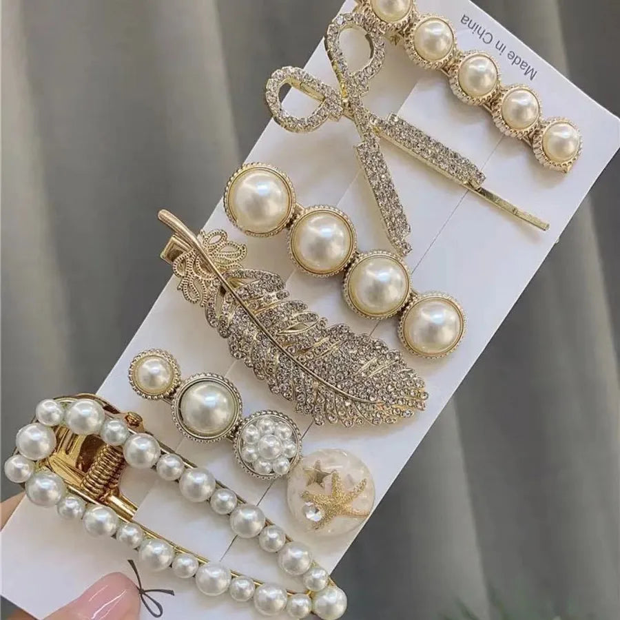 Tiktok Feather Barrettes 6-Piece Set  Pearl Barrettes Ins Wind Net Red Girl Side Clip Bang Clip Wholesale Delivery