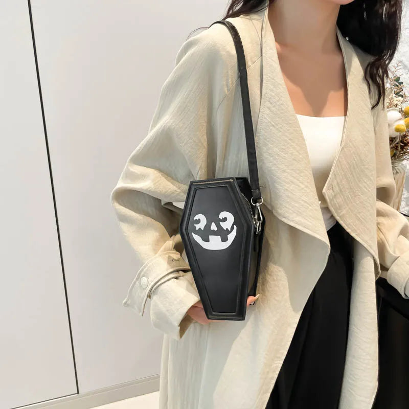 Creative Ghost Print Halloween Women's Bag Single Shoulder Casket Shape Fashionable Pumpkin Patterned Square PU Handbag