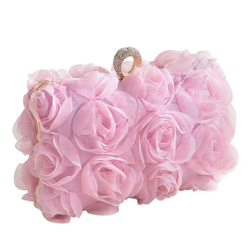 New Rose Flower Shaped Wedding Handbag Fashionable Evening Clutch Bag Nightclub Dress Bag Silk Square Handbag Fresh Sweet Style