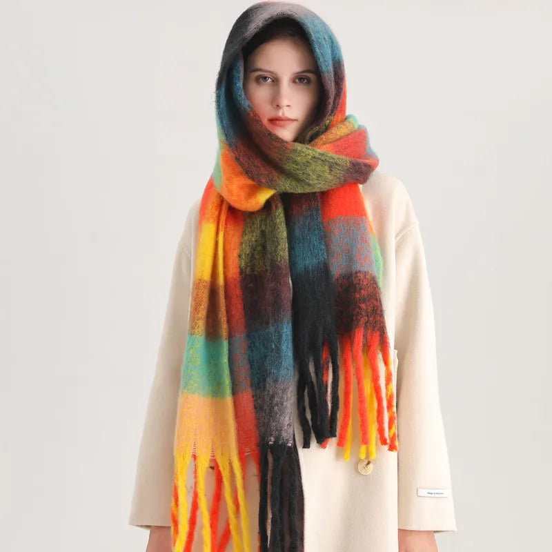 women's casual plaid imitation cashmere tassel scarf