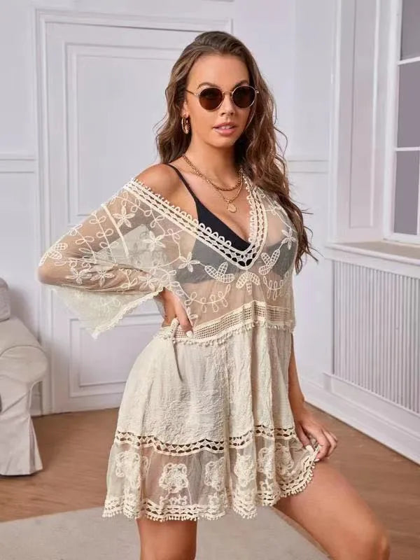 Women's Vacation V Neck Half Sleeve Solid Color Flower Holiday Beach
