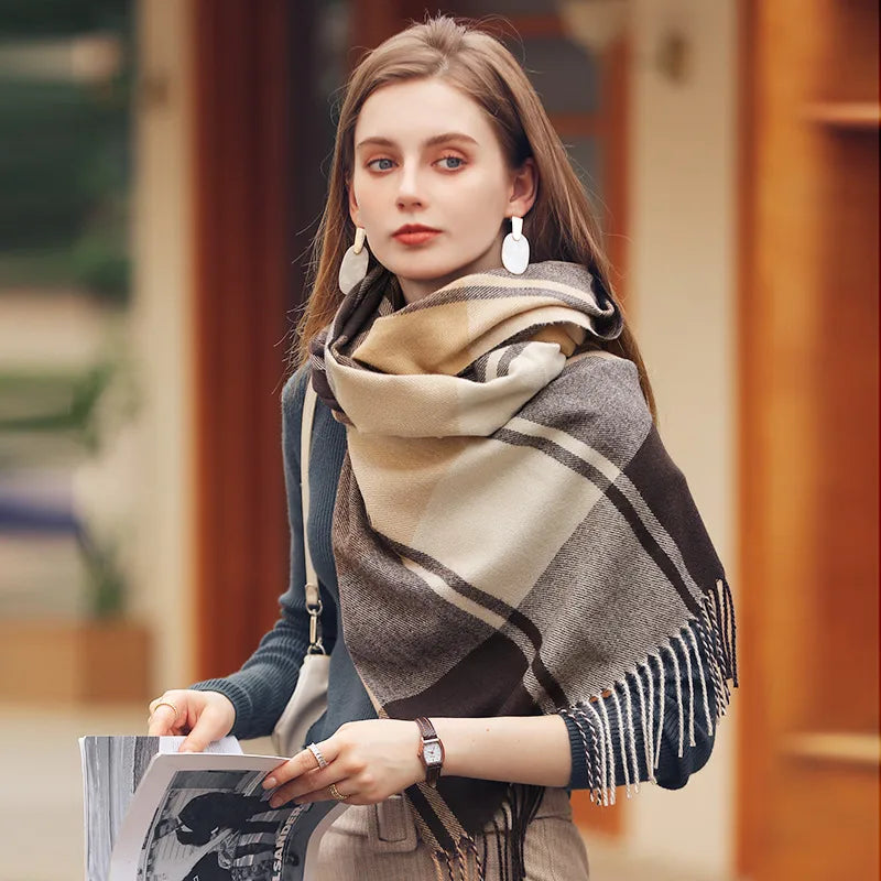 women's fashion plaid polyester knitted winter scarves