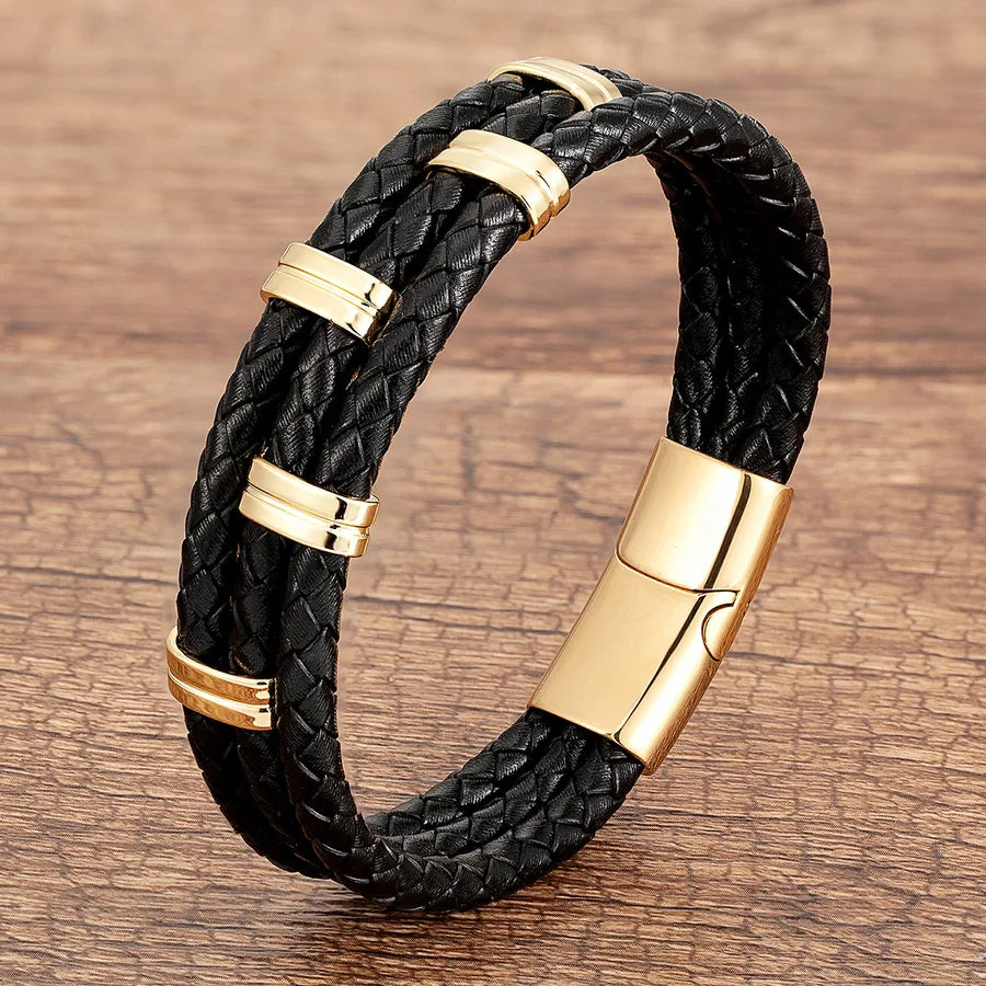 punk streetwear rectangle stainless steel pu leather men's bracelets