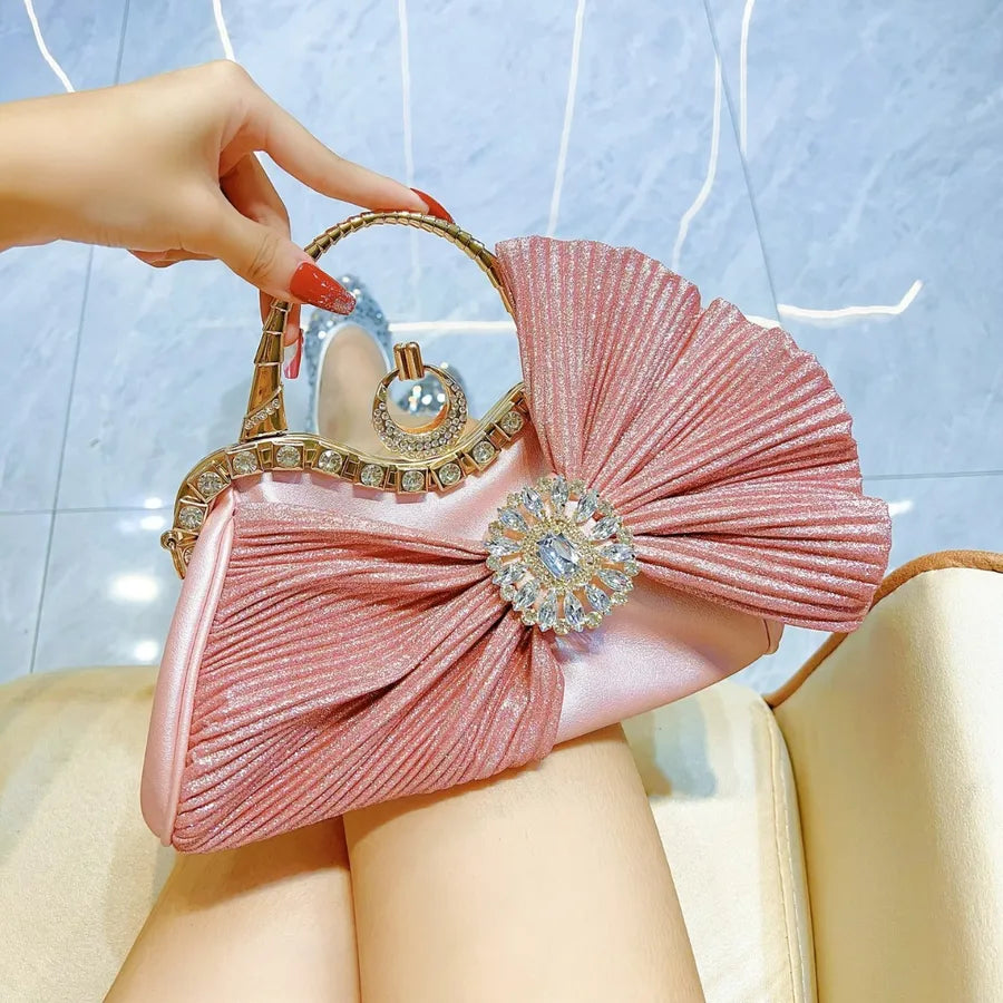 Pink Black Gold Pu Leather Bow Knot Ruched Bag Pillow Shape Evening Bags