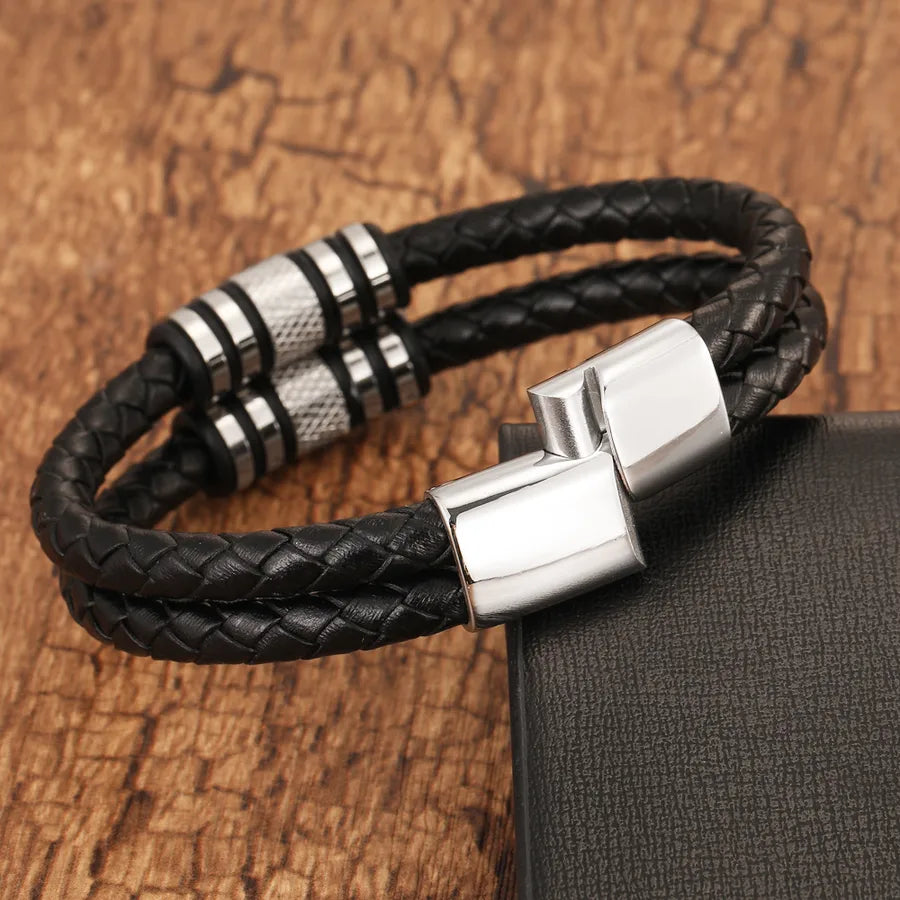 Vintage Style Geometric Pu Leather Titanium Steel Woven Chain Wrap Bracelets Wholesale
