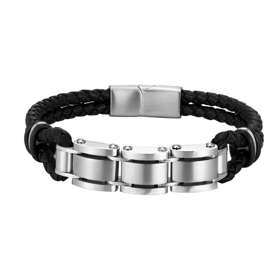 Simple Style Geometric 316L Stainless Steel  Leather Plating Men's Bracelets Men Cord & Leather Bracelets