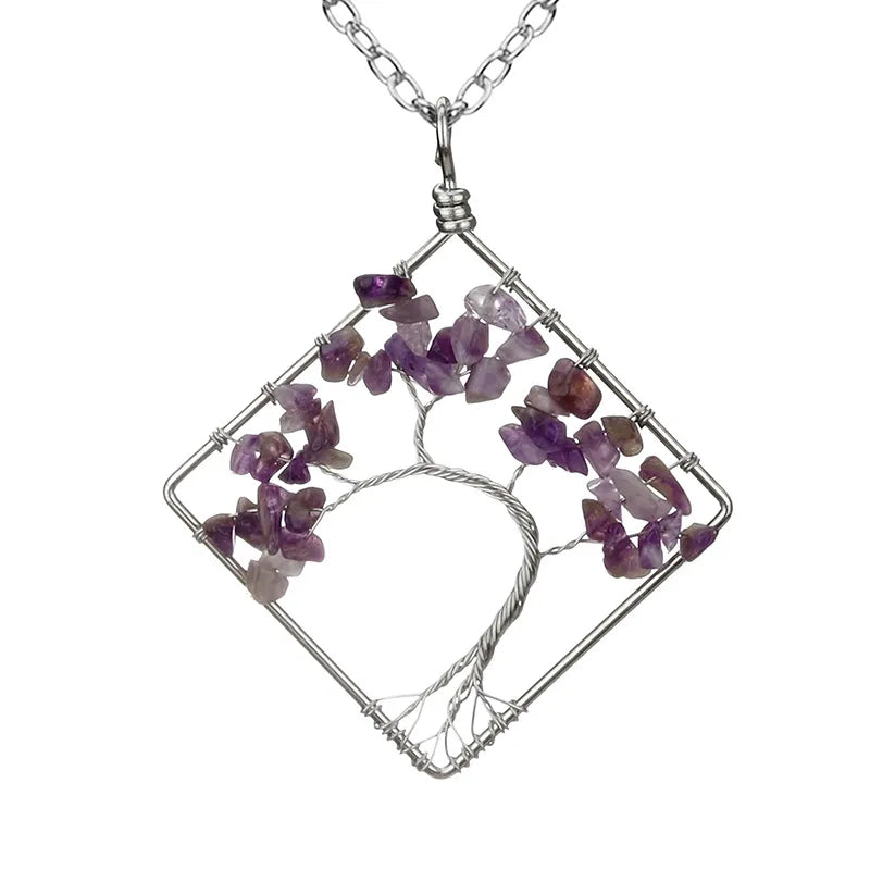 fashion square tree natural stone crystal metal beaded hollow out pendant necklace 1 piece
