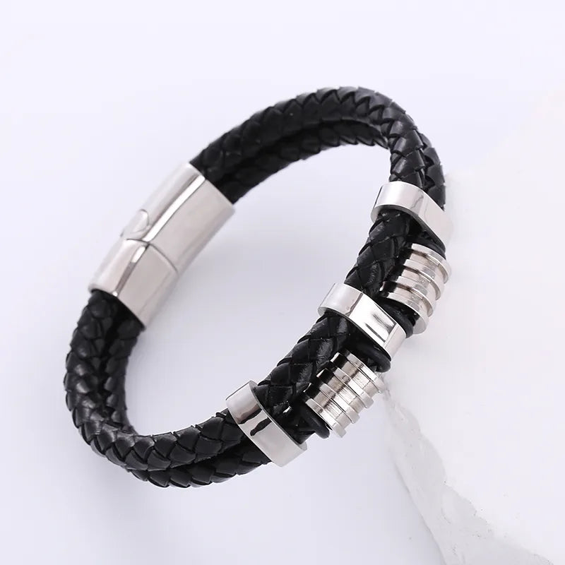 hip-hop geometric stainless steel pu leather braid men's bracelets