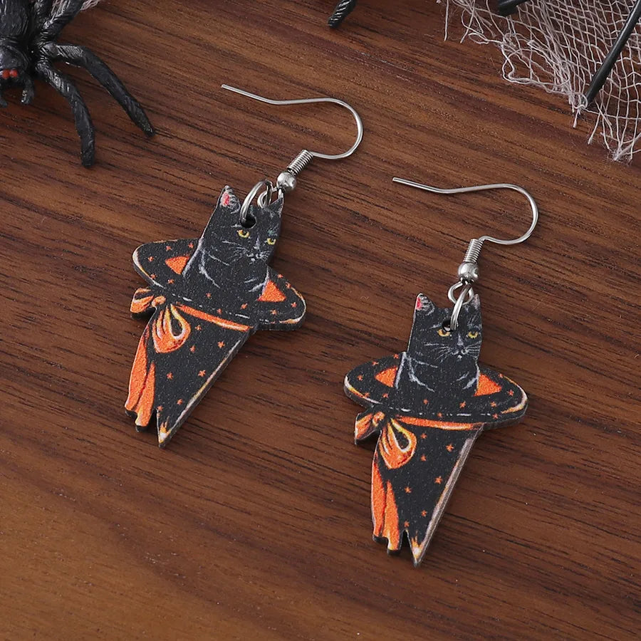 Halloween Cute Angel Cat Magic Hat Black Cat Pendant Earrings Ladies Vintage Wooden Gothic Style Double-Sided Ear Jewelry Party Gift