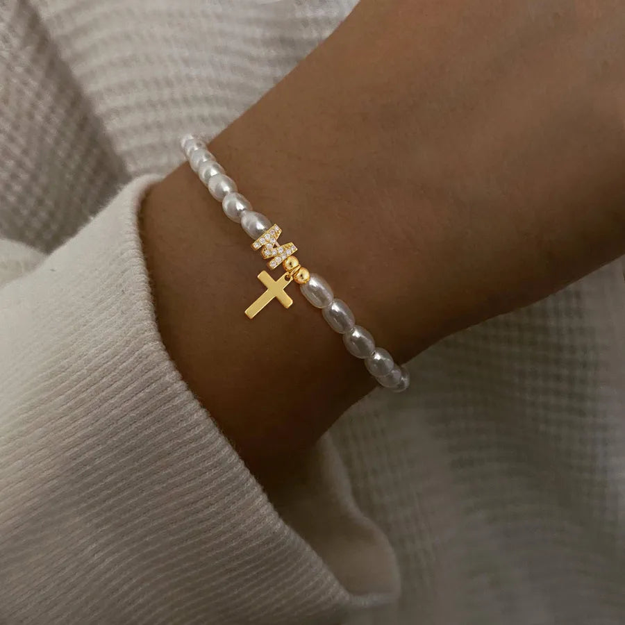 Simple Style Cross Letter 304 Stainless Steel Artificial Pearl Copper Beaded Chain Bracelets In Bulk