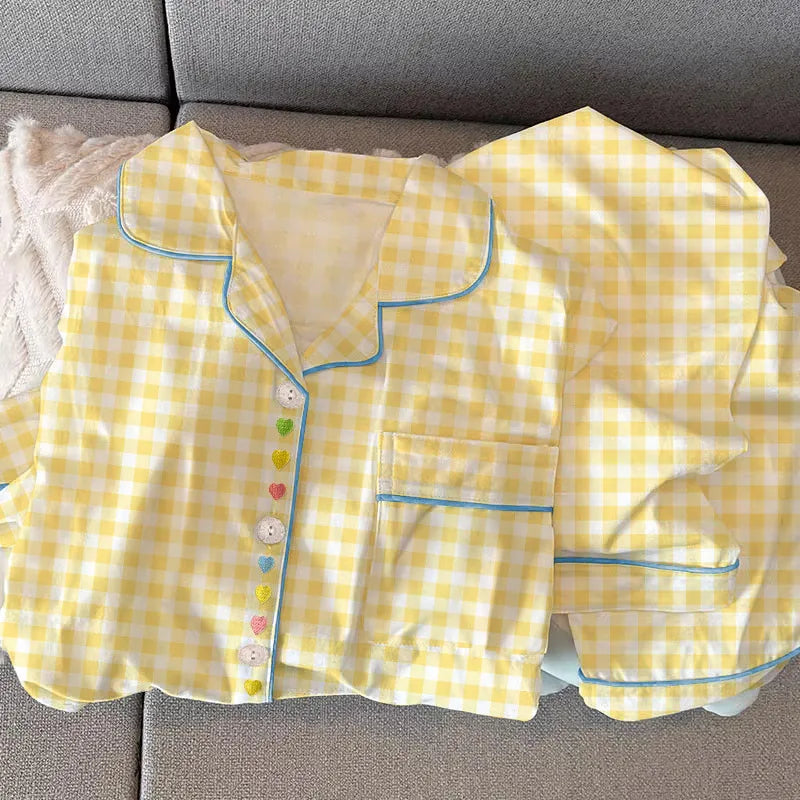 Sweet Heart Plaid Long Sleeve Sleepwear Set Women's Home Clothes Spring Autumn Season Polyester Milk Silk Thin Breathable Casual