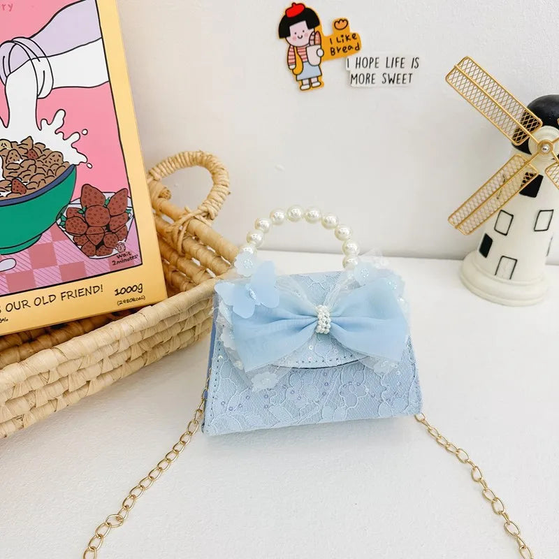 New Children's Bag Crossbody Bag Fashion Pearl Handbag Lace Bow Girl Princess Accessories Bag