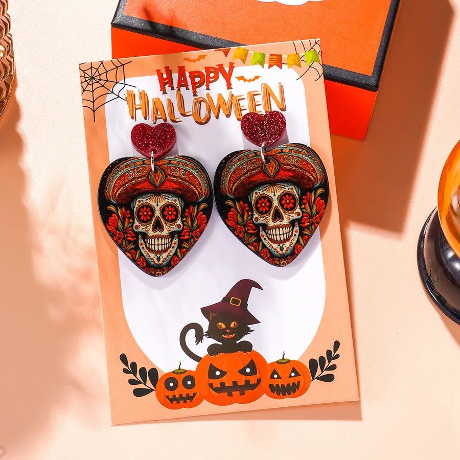 Creative Acrylic Skeleton Head Earrings Set For Women Halloween Theme Personalized Fashion Jewelry Love Shape Card Included