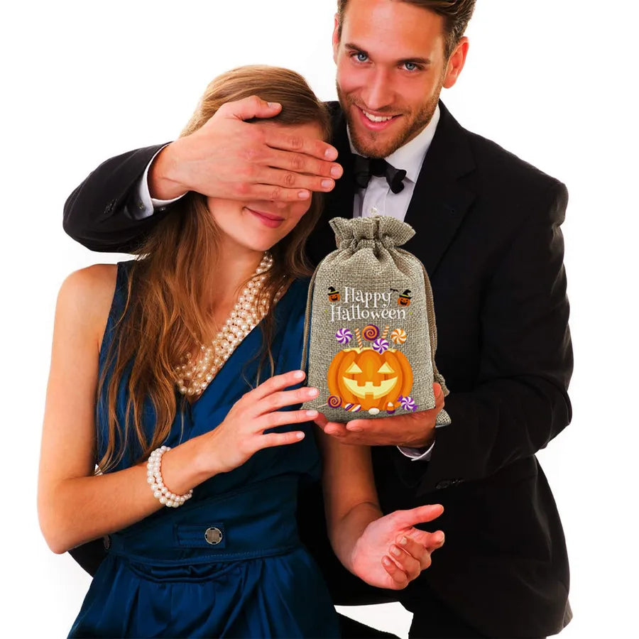 2025 New Halloween Linen Drawstring Gift Bag Pumpkin Shaped Sealed Mouth Bag Cartoon Style Heat Transfer Process Ladies Handbag