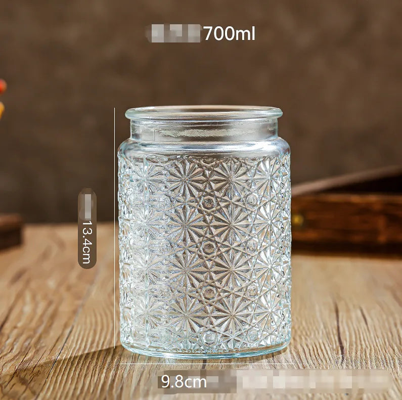 Glass Embossed Glass Sealed Jar Square Storage Jar Snack Dried Fruit Storage Jar Kitchen Household Glass Jar Vintage