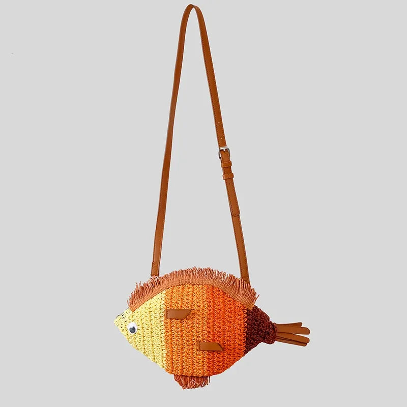 Women's Straw Color Block Fish Vacation Beach Weave Oval Zipper Straw Bag