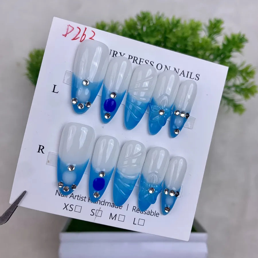 Handmade Detachable Shell Sculpture Cat Eye Almond Nails Ice Transparent Floral Design Wearable False Nails For Women