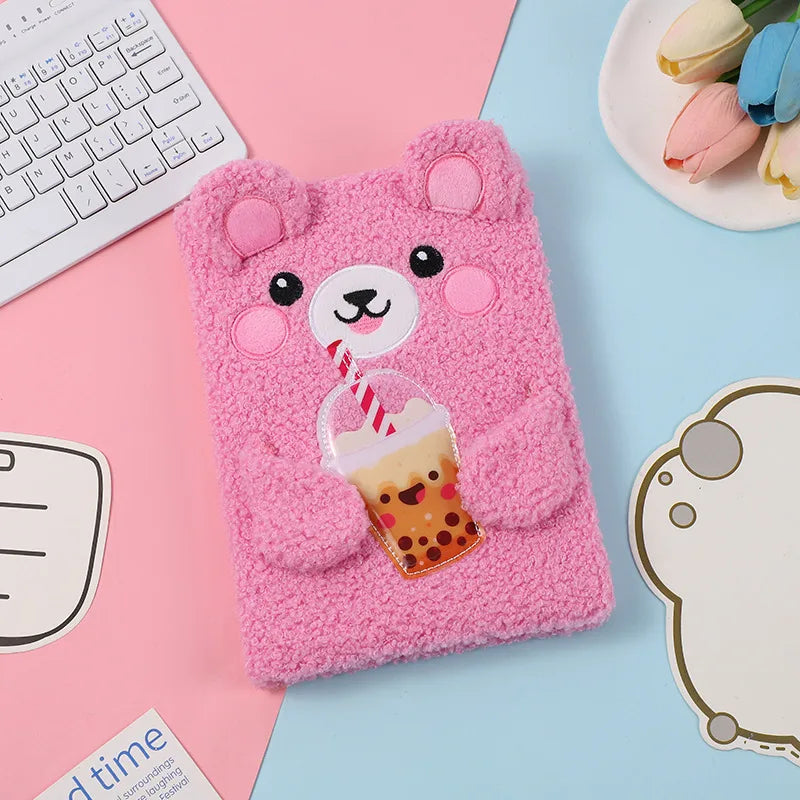 Adorable Bear Plush Notebook Cartoon Children's Soft Toy Journal Holiday Gift Handmade Book Light Brown And Pink Colors